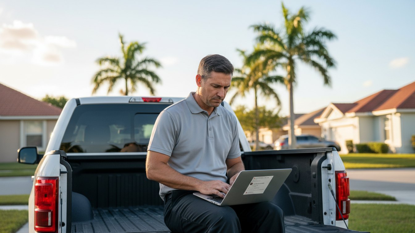 Roofing contractor reviewing local search results on a laptop from the tailgate of his truck